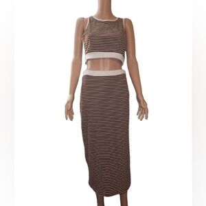 Striped Brown and White Women's Summer Midi Skirt Set L